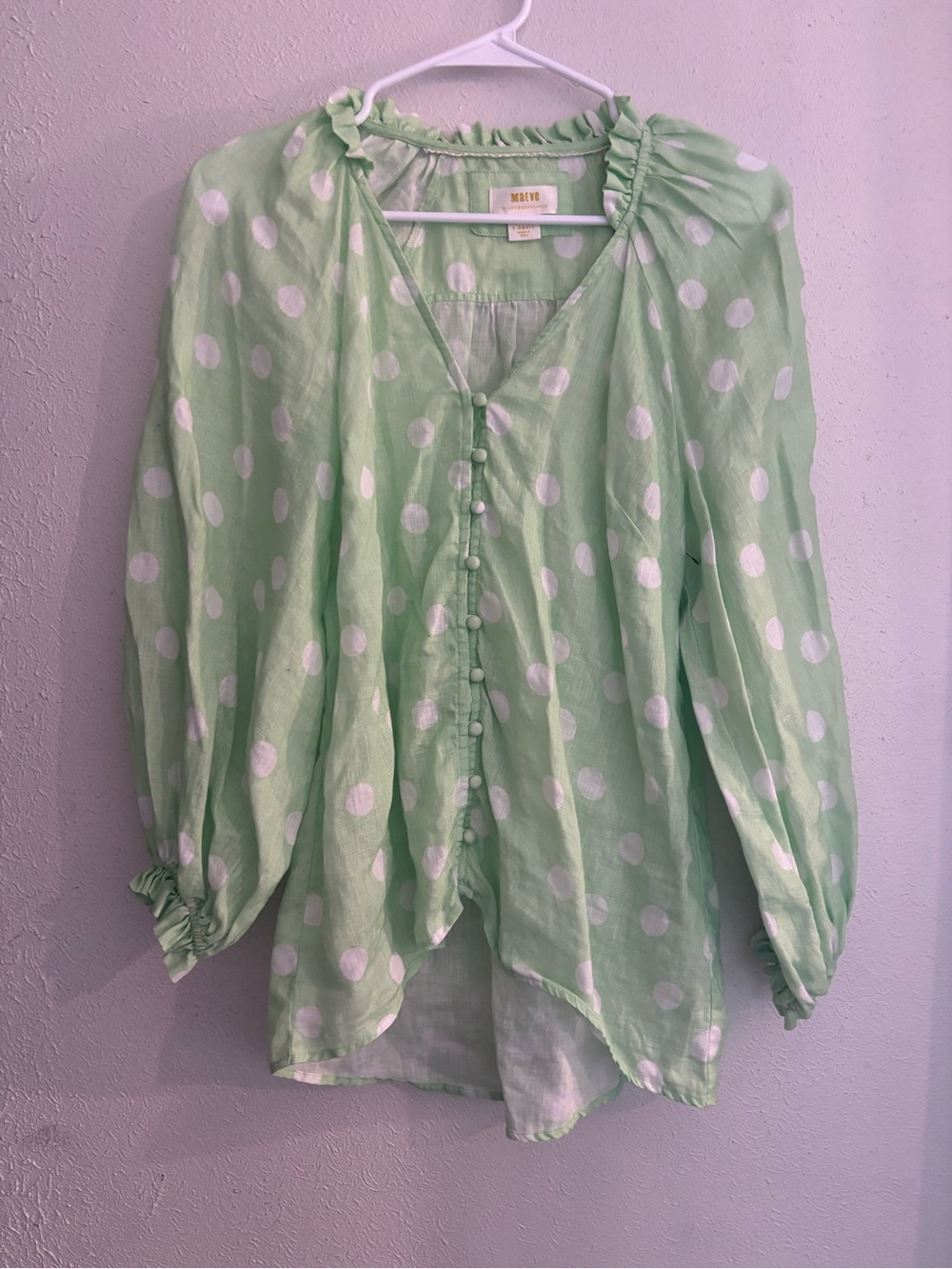 Anthropologie Light Green Polka Dot Ruffle-Trim Button Blouse